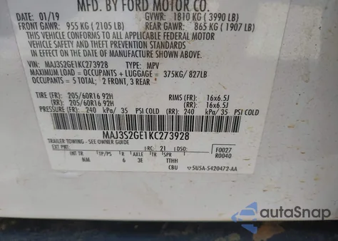 2019 Ford Ecosport Se z USA, uszkodzony, nr VIN MAJ3S2GE1KC273928